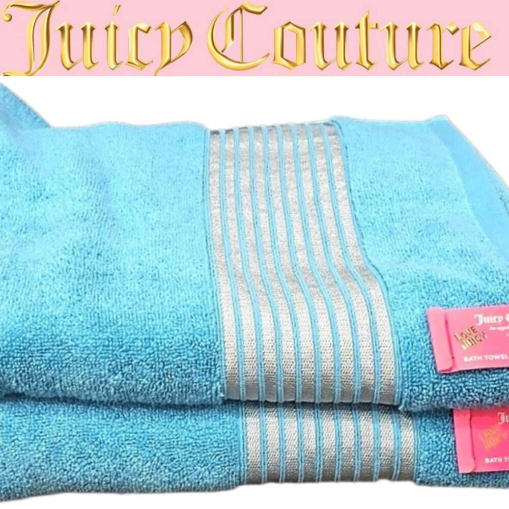 Juicy Couture Home Striped Plush Oversized Bath Towels- Blue/Silver